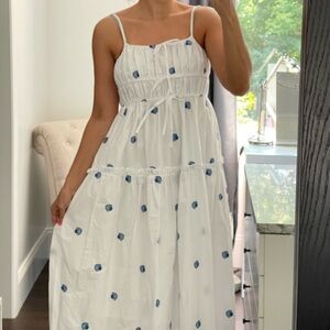 New! White Midi Dress with Blue Shell Design, Thin Straps and Full Skirt size S